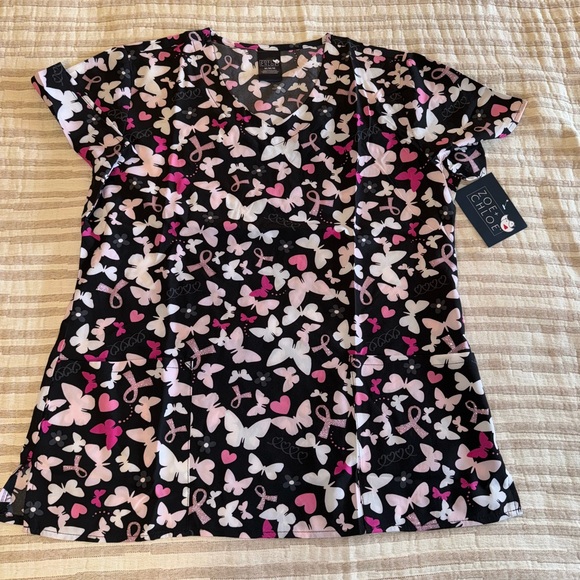 Zoe & Chloe Pink cancer Awareness. 2-Pocket STRETCH V-Neck Print Scrub Sz Med - Picture 2 of 9